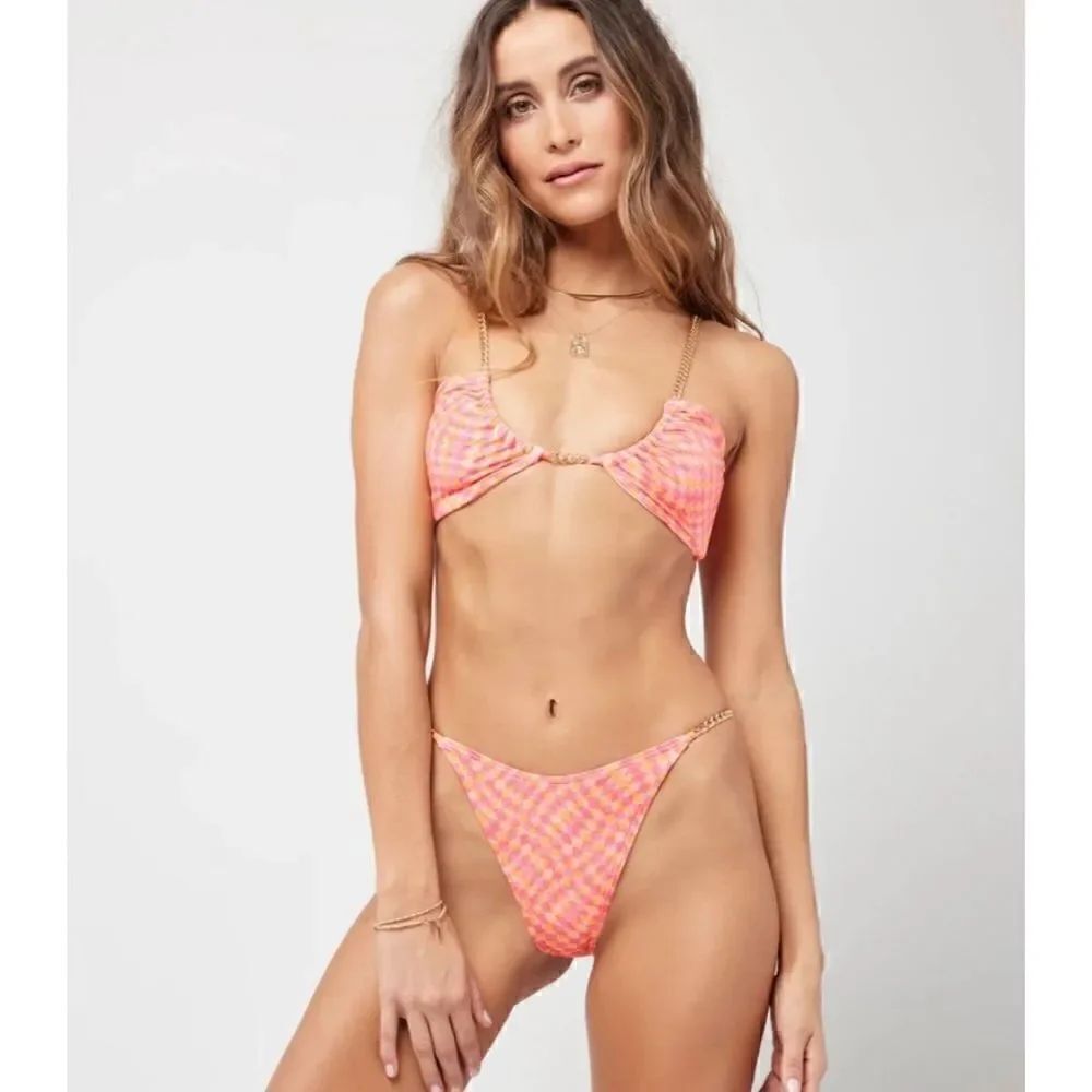 L*Space XS top and M bottom Sammie checkered gold chain bikini